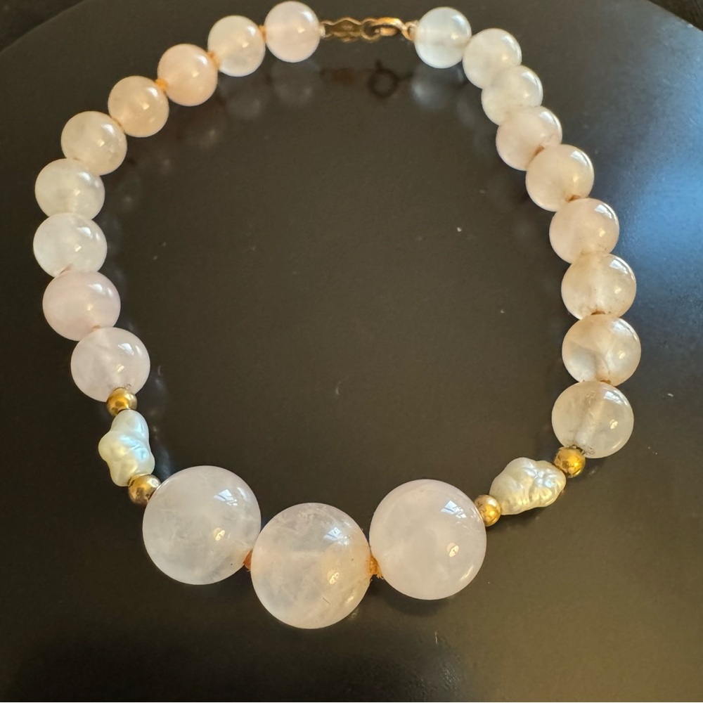 14K Gold Rose Quartz and Pearl Bracelet – 7”
